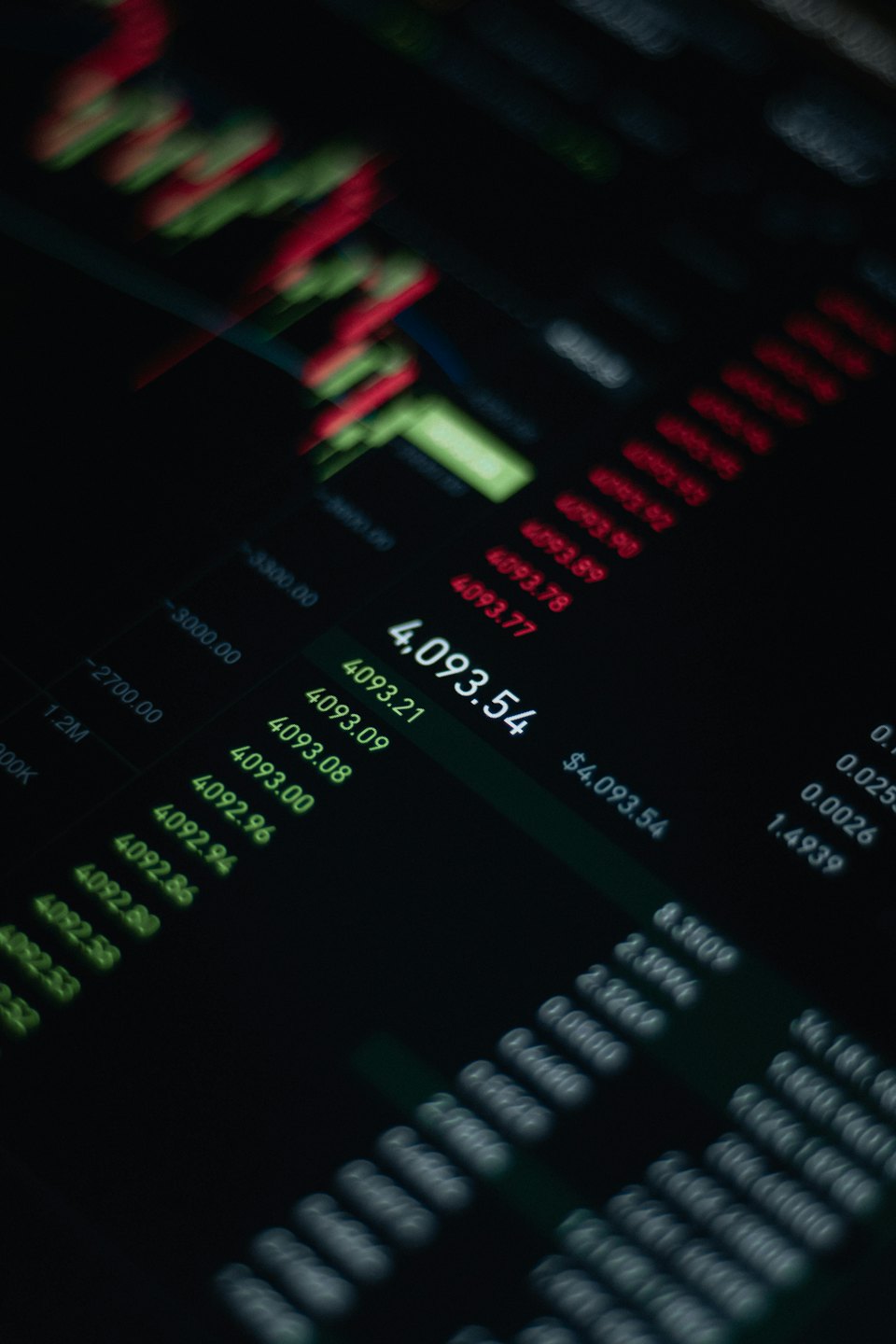 Digital screen showing live stock market data with green and red charts.