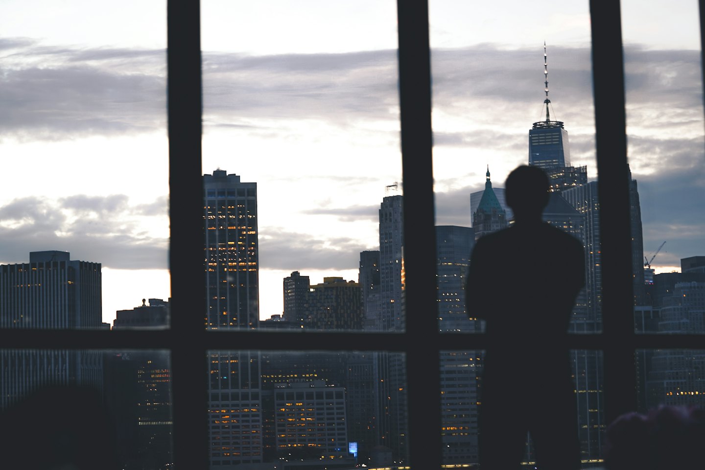 A person stands looking out at a sprawling city skyline.
